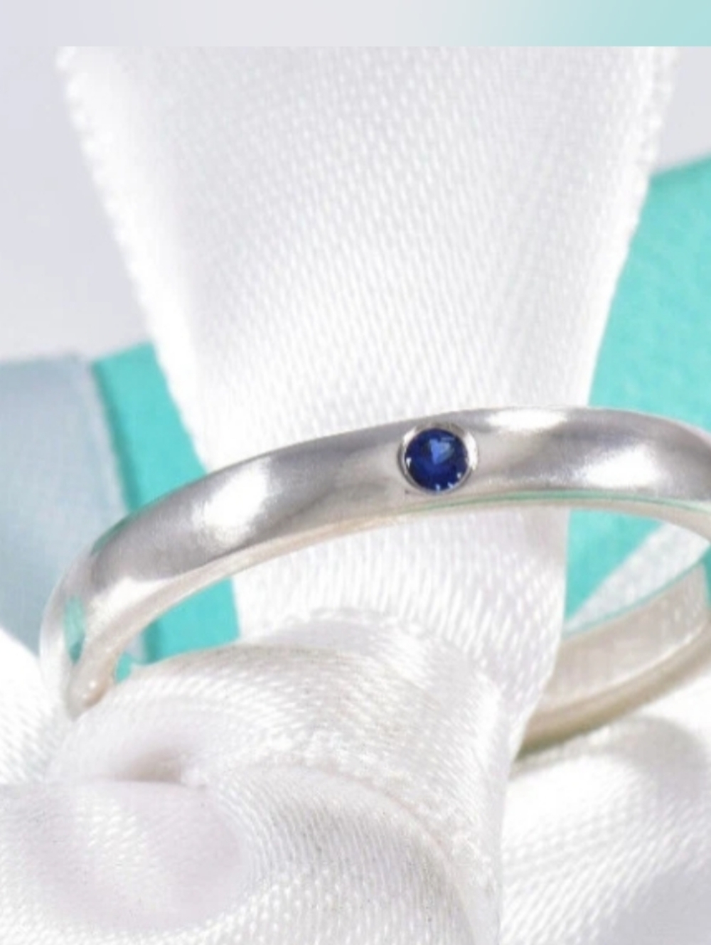 Tiffany & Co. Elsa Peretti 925 Sterling Stacking Band W Blue Sapphire Sz.5 1/2